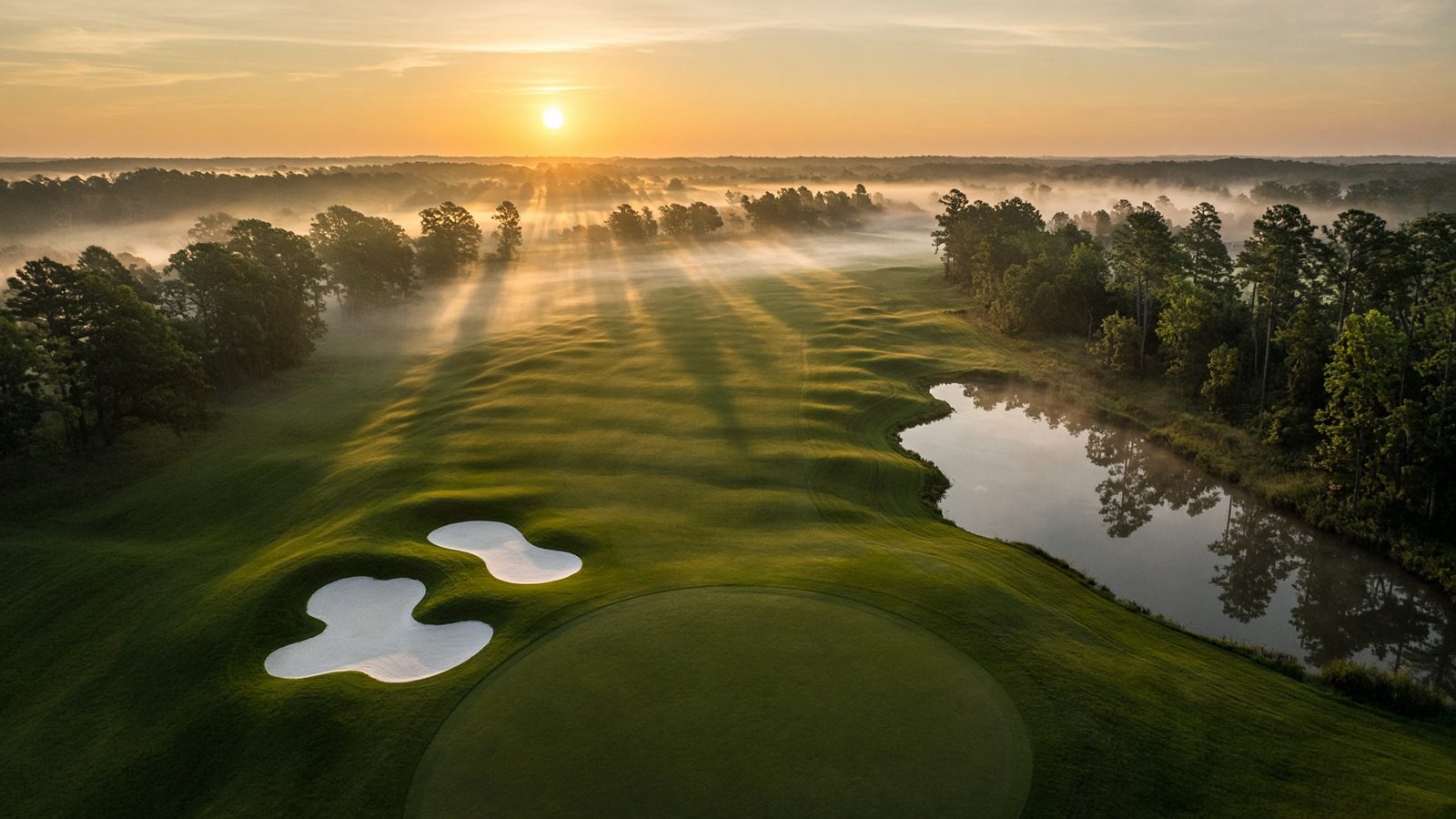 Aerial golf fairway at sunrise